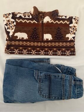 The Children's Place Brown Bear Fair Isle Fleece Top & Blue Jeans Set Bundle